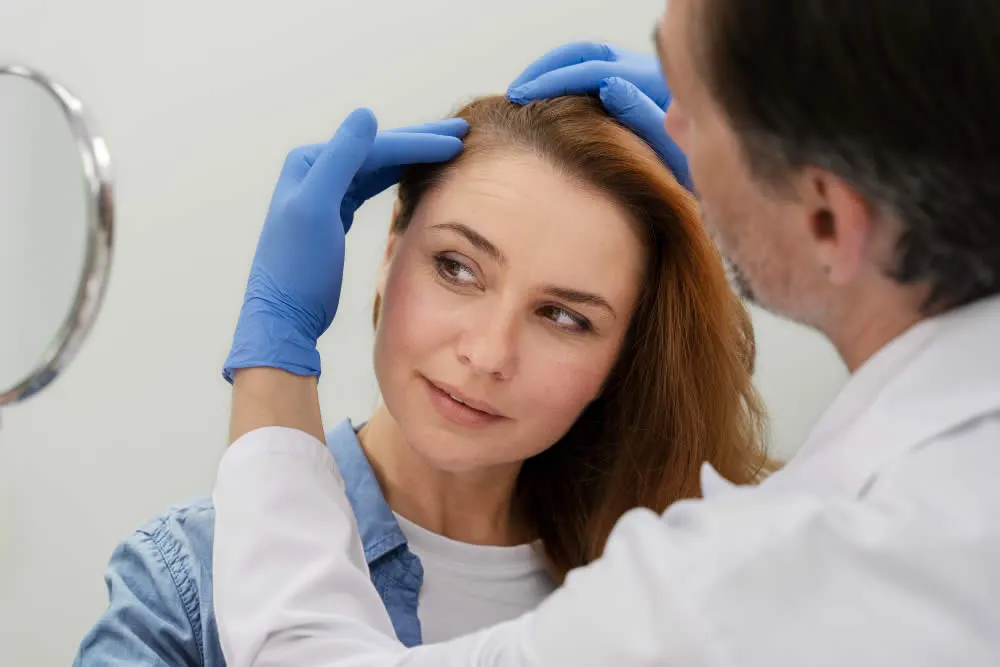 dermatologist-checking-woman-hair-loss-treatment